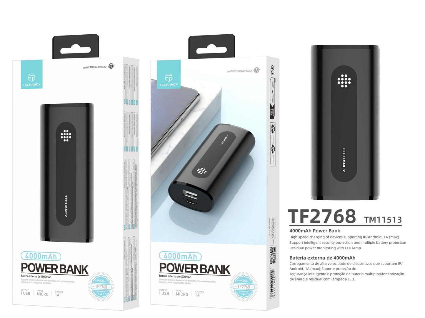 Mini batteria di ricarica esterna 1A 4000 Mah, powerbank per smartphone nero