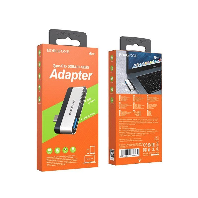 ADATTATORE BOROFONE DA USB-C A USB3.0/HDMI NEROSILVER
1