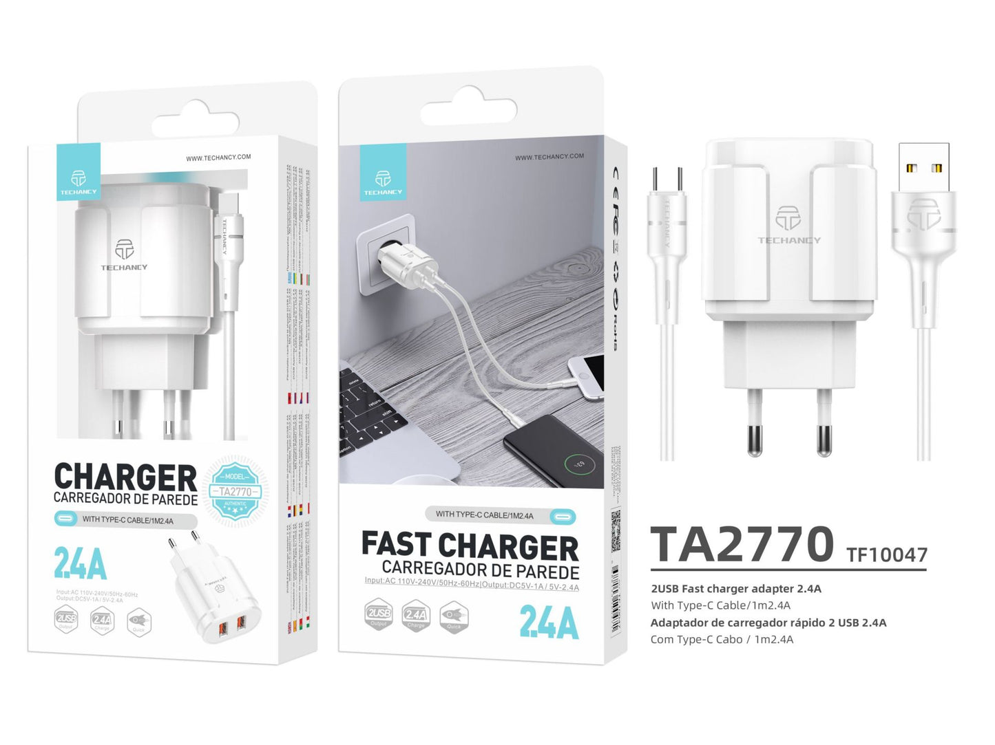Charger With Usb-Type Cable C
2.4A 1M 2Usb White
